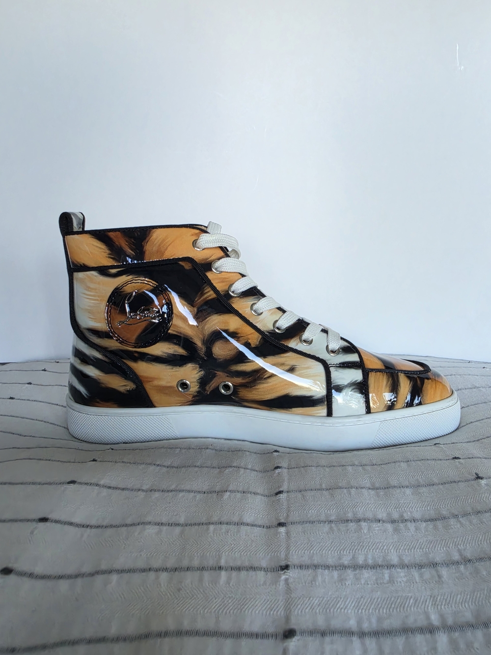 Christian Louboutin Tiger-Print Patent Leather Rantus Orlato High-Top Sneakers